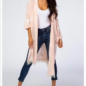 Peach Floral Embroidery Wide Sleeve Kimono